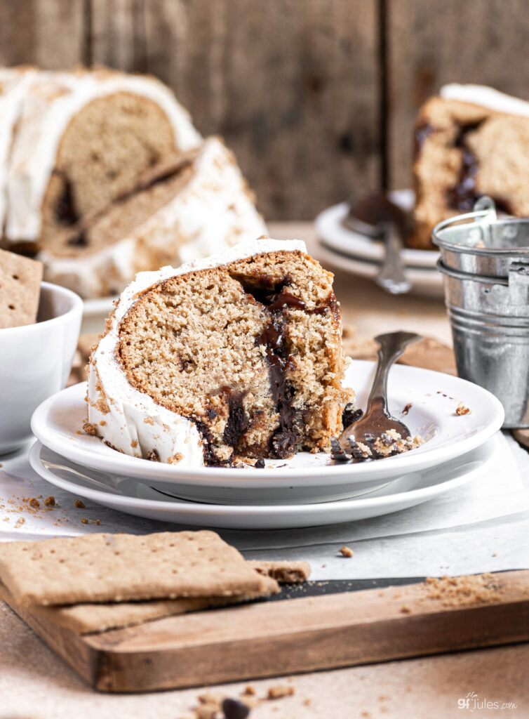 Gluten Free S'Mores Cake sliced with bite