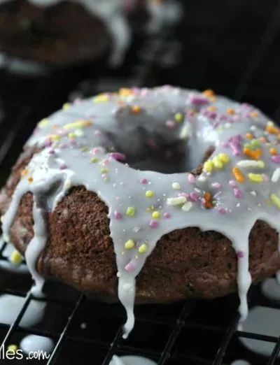 gluten free chocolate zucchini iced donut with sprinkles square - gfJules