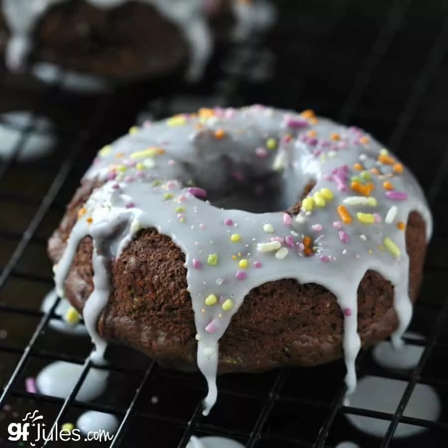 gluten free chocolate zucchini iced donut with sprinkles square - gfJules