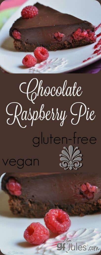 Decadently smooth, creamy Gluten Free Chocolate Raspberry Pie will turn heads and melt hearts. It's even dairy-free and vegan! | gfJules.com #glutenfree #vegan #dairyfree #chocolatepie 