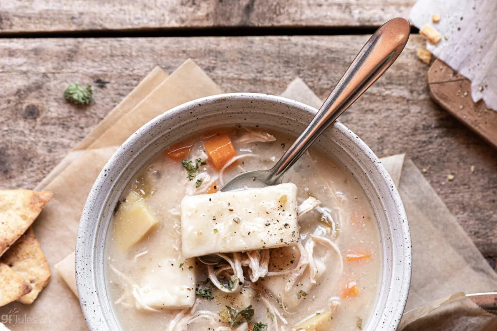 gluten free chicken and dumplings with spoon