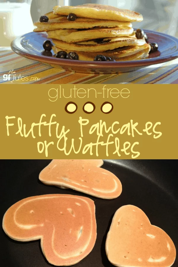 This fluffy gluten free pancake recipe makes heavenly thick, yet light and fluffy flapjacks like you remember. It also makes airy gluten free waffles - YUM!