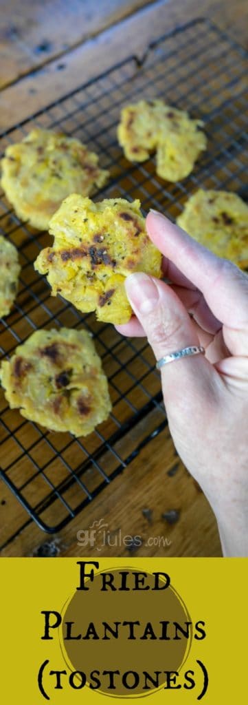 Fried Plantains (Tostones) make a great side dish or chip to serve with salsas or dip! Gluten-Free & Vegan gfJules.com