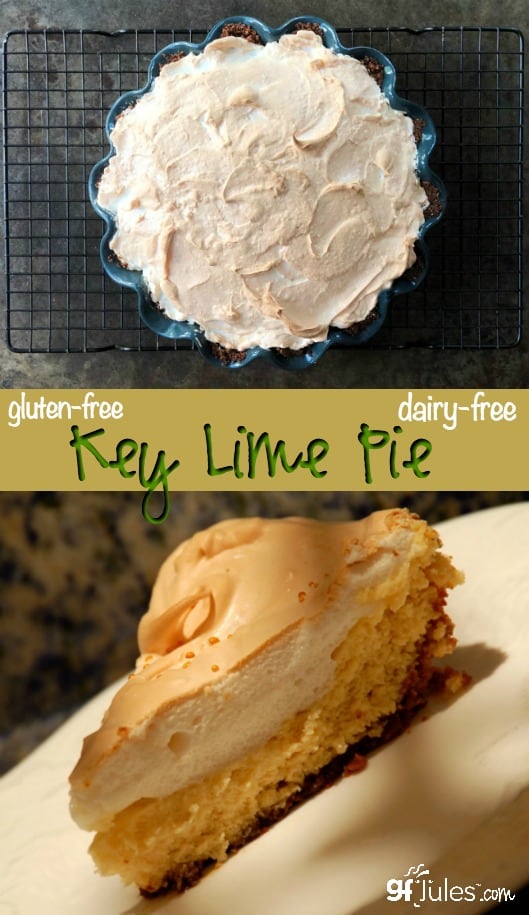 Gluten Free Dairy Free Key Lime Pie - the stuff dreams are made of! Homemade Gluten Free Graham Cracker Crust, luscious Key Lime filling and cool meringue on top. Pie Perfection! |gfJules