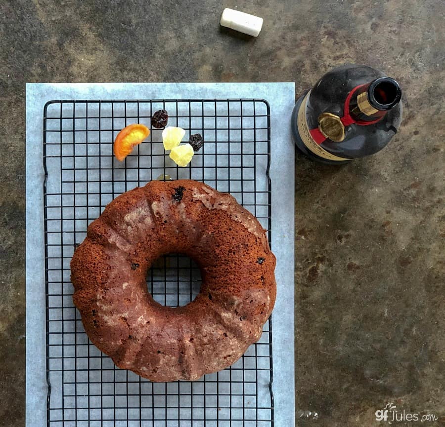 Gluten Free Fruitcake on rack with fruit