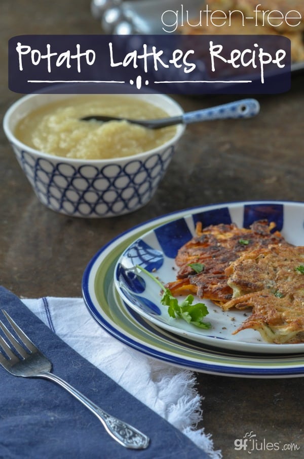 Gluten Free Potato Latkes -- made from sweet potato or white potatoes. Easy recipe for hash browns made into latkes gfJules