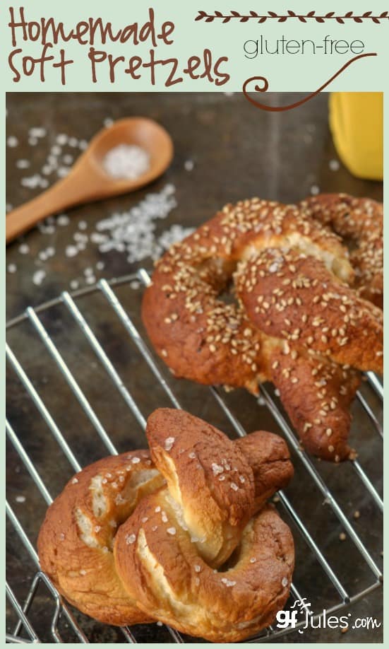 Homemade Gluten Free Soft Pretzels - just like you remember them pretzel-y on the outside, soft & chewy on the inside. Plus, the recipe is super easy to make! gfJules