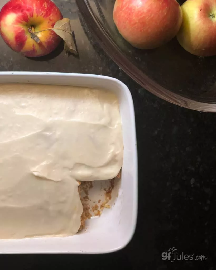 gluten free apple cider cake with piece missing