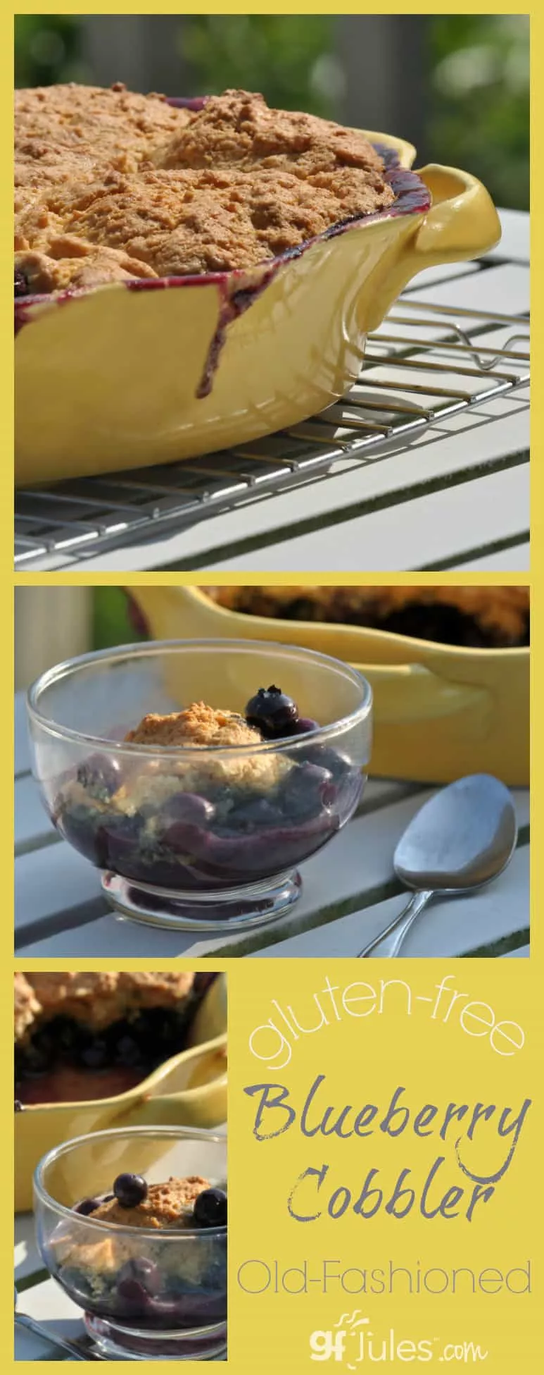 In order to deliciously employ my current overabundance of blueberries, I turned to this old-fashioned blueberry cobbler recipe (made gluten-free, of course). It will please any guest or picky neighbor, and rid you of the guilt stemming from a glut of berries! gfJules.com