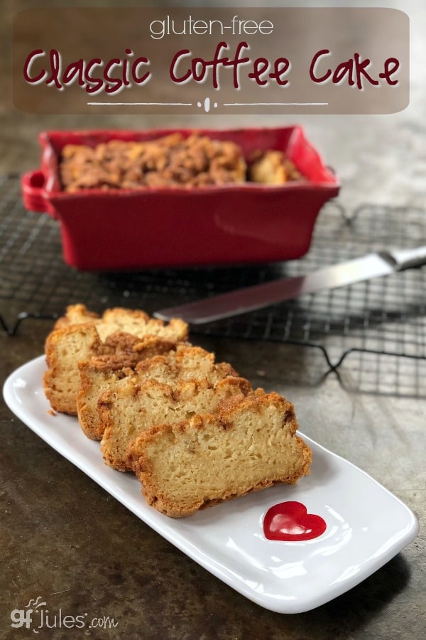 This gluten free coffee cake recipe is delicious for a small breakfast gathering, or doubled for overnight guests. Quick to throw together & not too sweet, to suit all tastes! gfJules