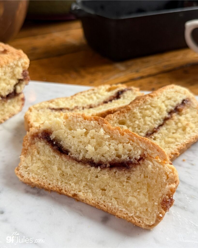 close-up of soft gluten free cinnamon bread texture