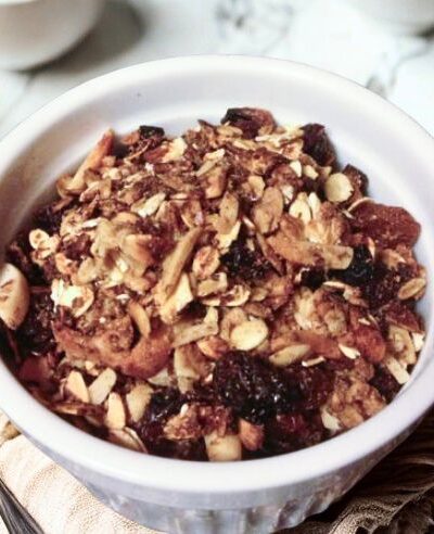gluten free granola in bowl on breakfast table