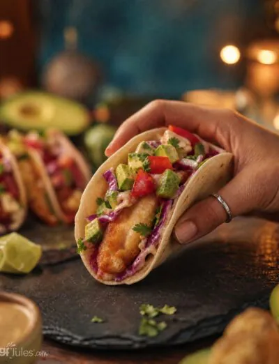 homemade batter fried gluten free fish tacos with more in background