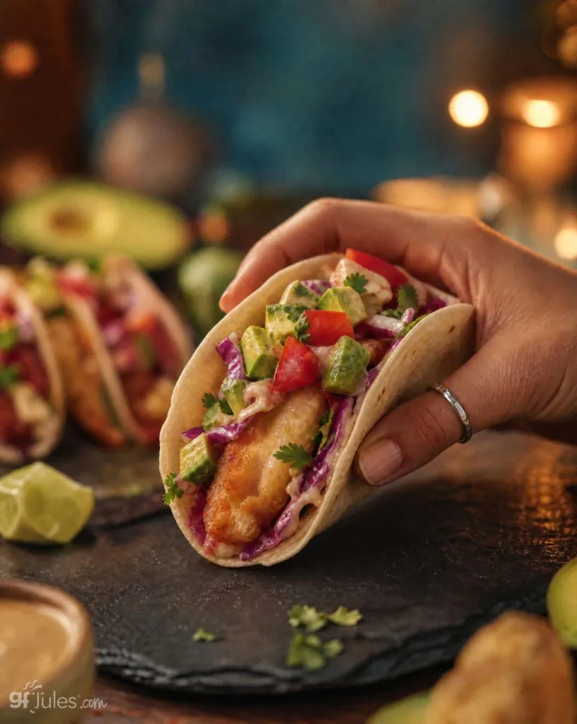 homemade batter fried gluten free fish tacos with more in background