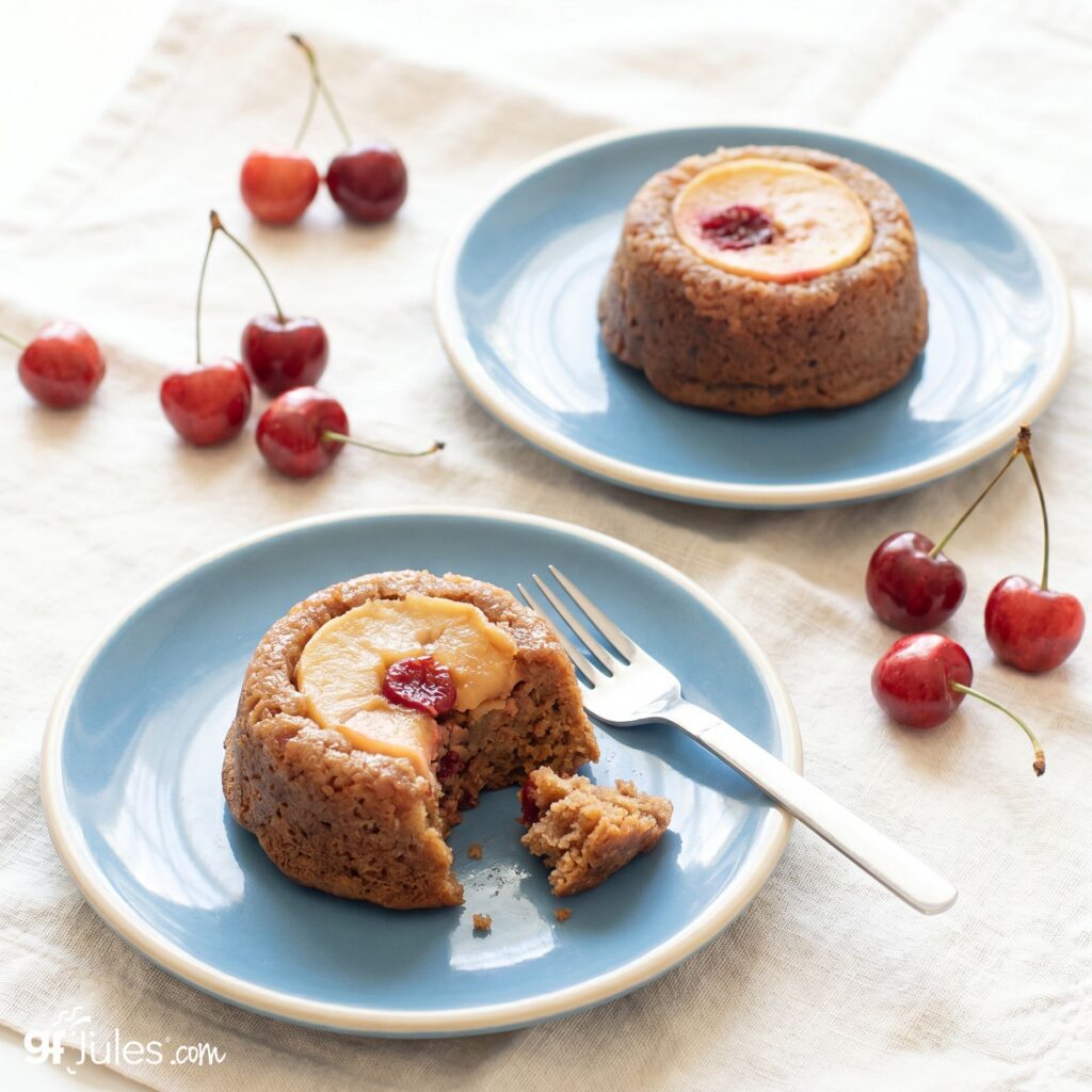 gluten free upside-down apple cakes on blue plates
