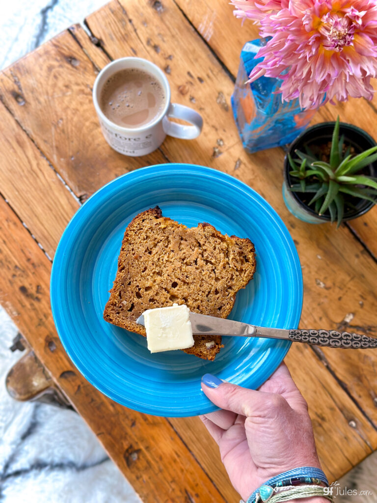 gluten free banana pumpkin bread on place with butter