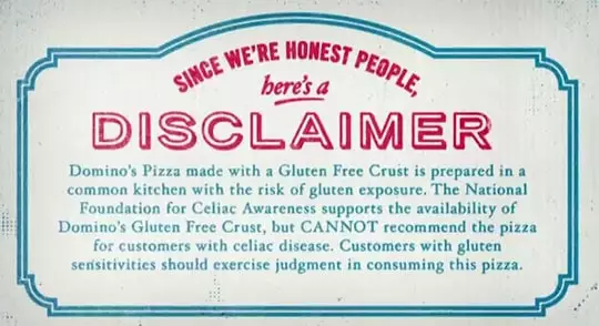 Domino's Pizza gluten free disclaimer