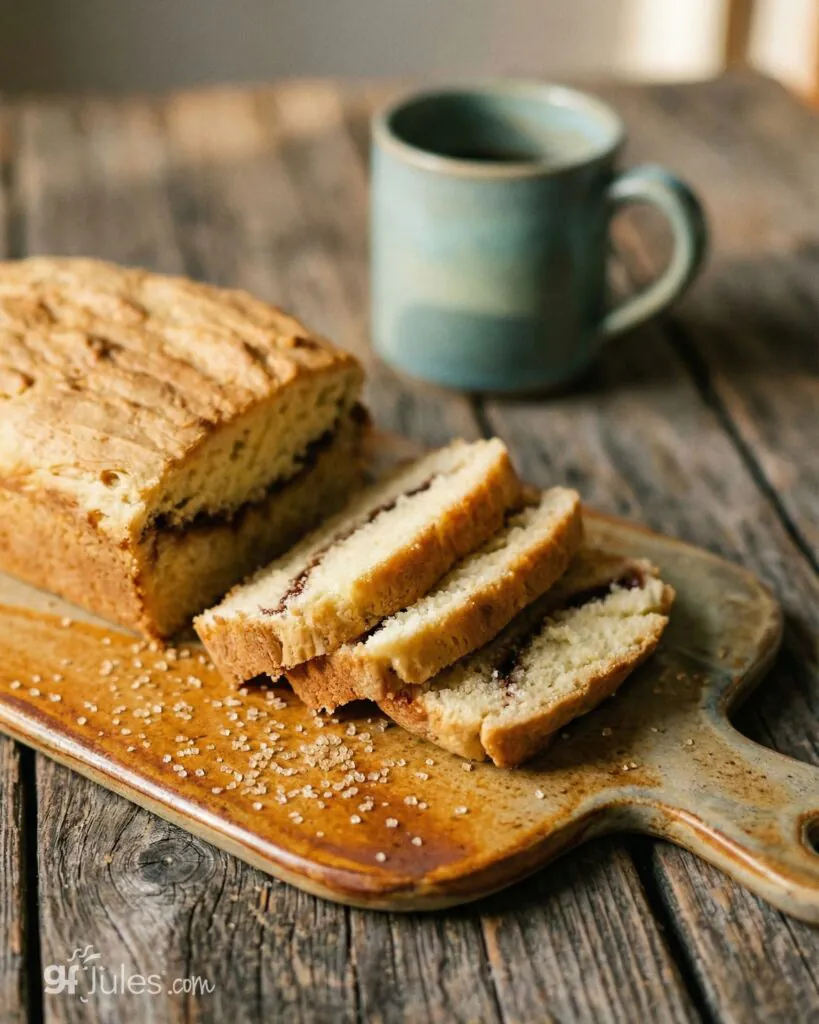 sliced gluten free cinnamon swirl bread showing swirl layers