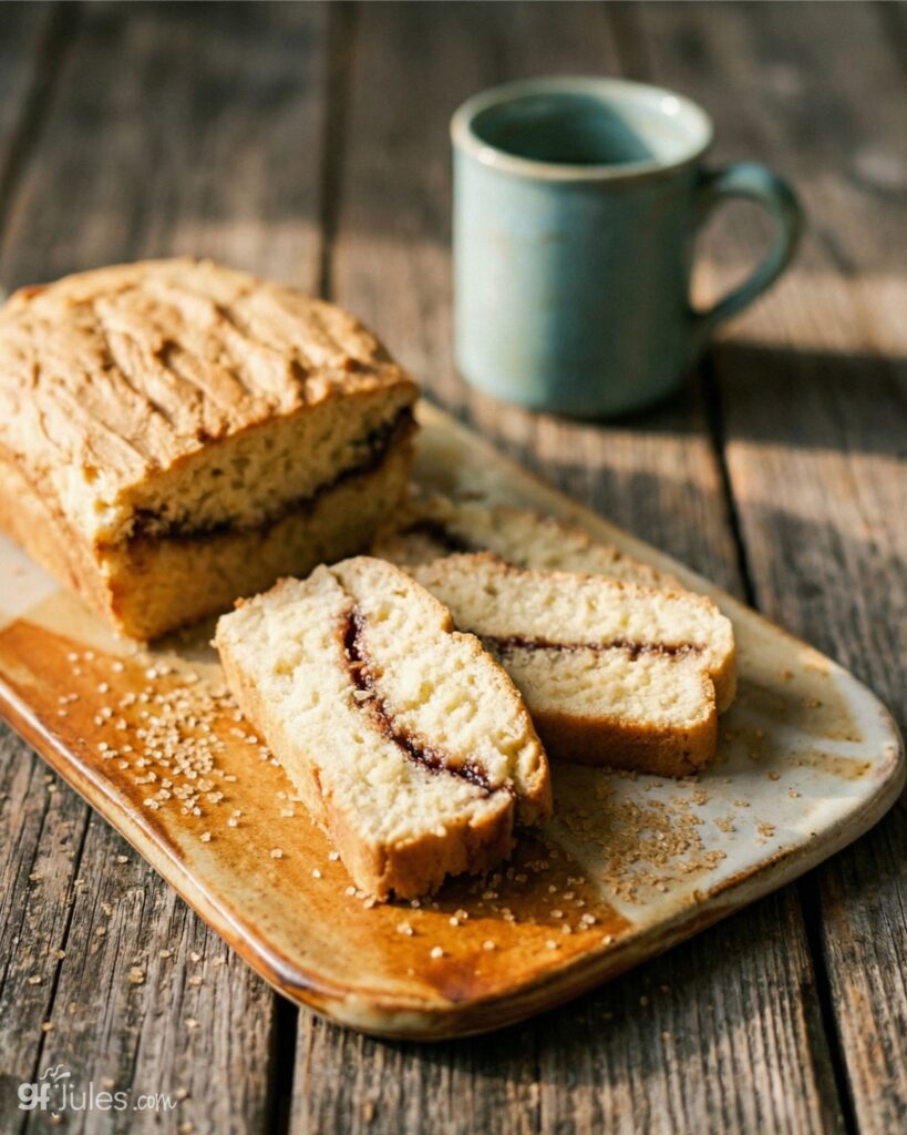 sliced gluten free cinnamon swirl bread on board
