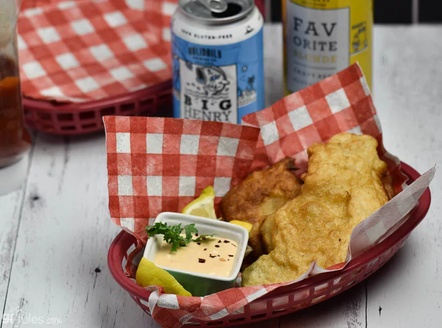 Gluten free beer battered fish and chips recipe (dairy free, low FODMAP)