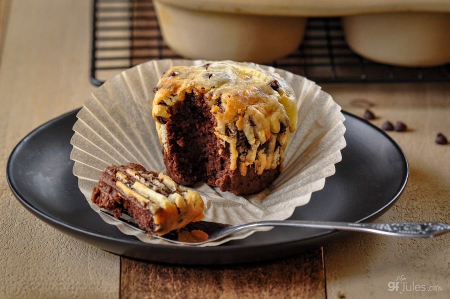 gluten free black bottom cupcake with fork