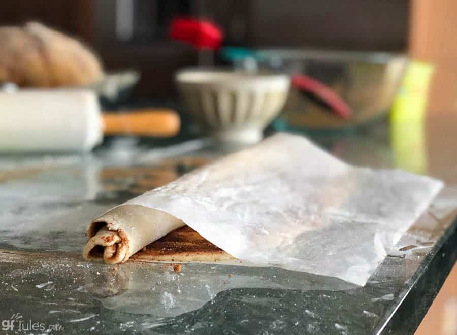 gluten free cinnamon roll cookie dough rolling