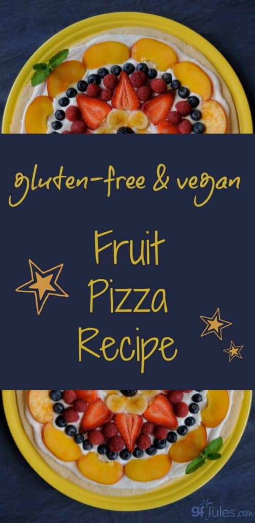 What's not to love about a gluten free Fruit Pizza made of a giant soft gluten free sugar cookie topped with whipped frosting and all your favorite fruits?! gfJules.com