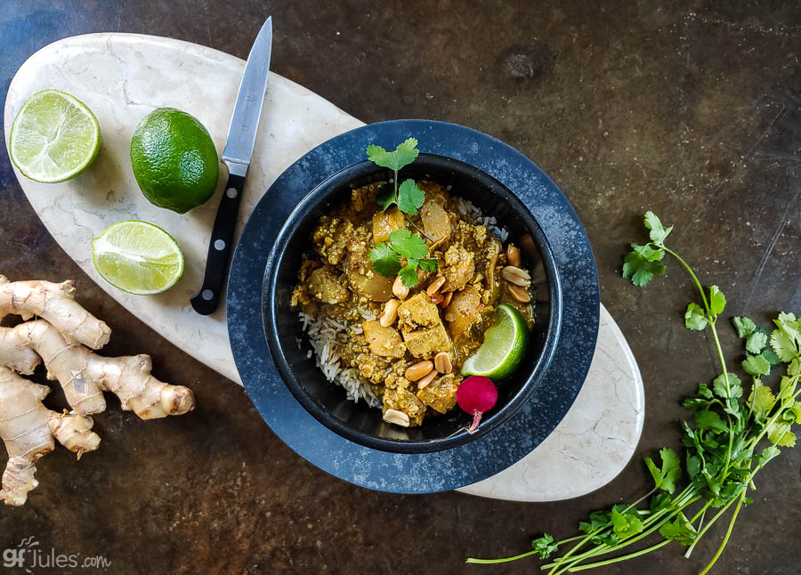 gluten free massaman curry in bowl on platter