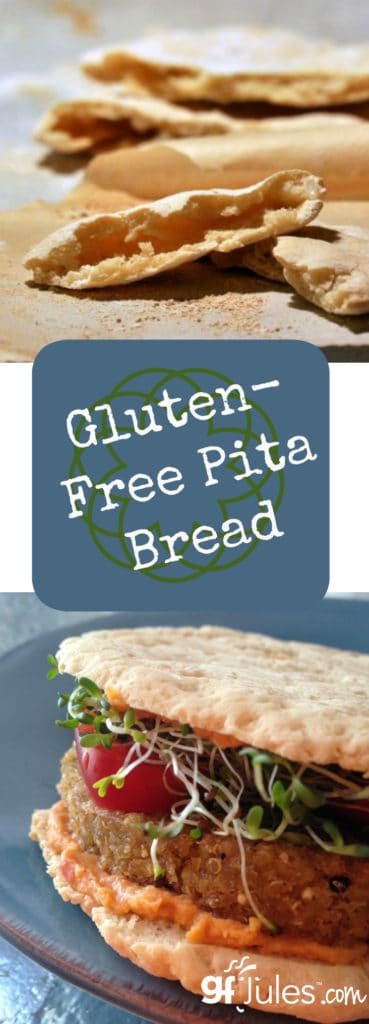 Gluten free pita bread, flatbread or naan bread ... this easy yeast-free, vegan recipe will become a staple in your recipe box. Quick and easy bread that's oh so good! Freezes really well, too! | gfJules