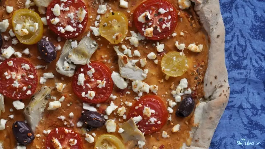 gluten free greek pizza made with gfJules Pizza Crust Mix