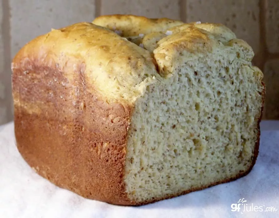 Homemade gluten free popcorn bread made in a bread machine.