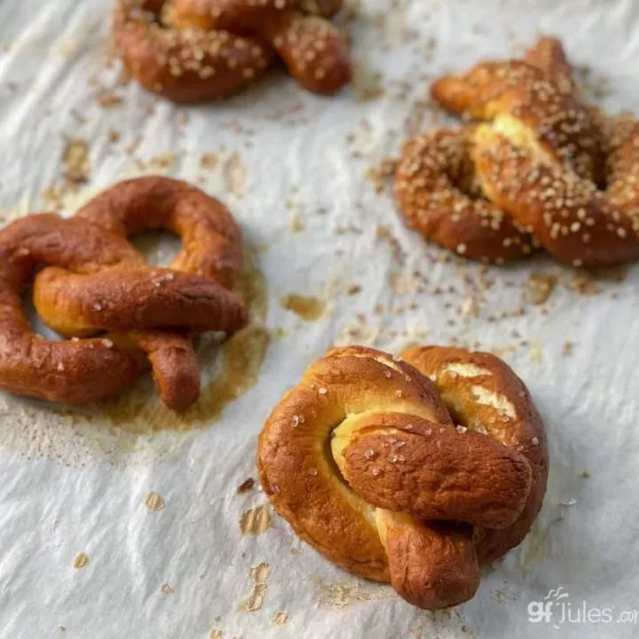 gluten free soft pretzels on baking sheet