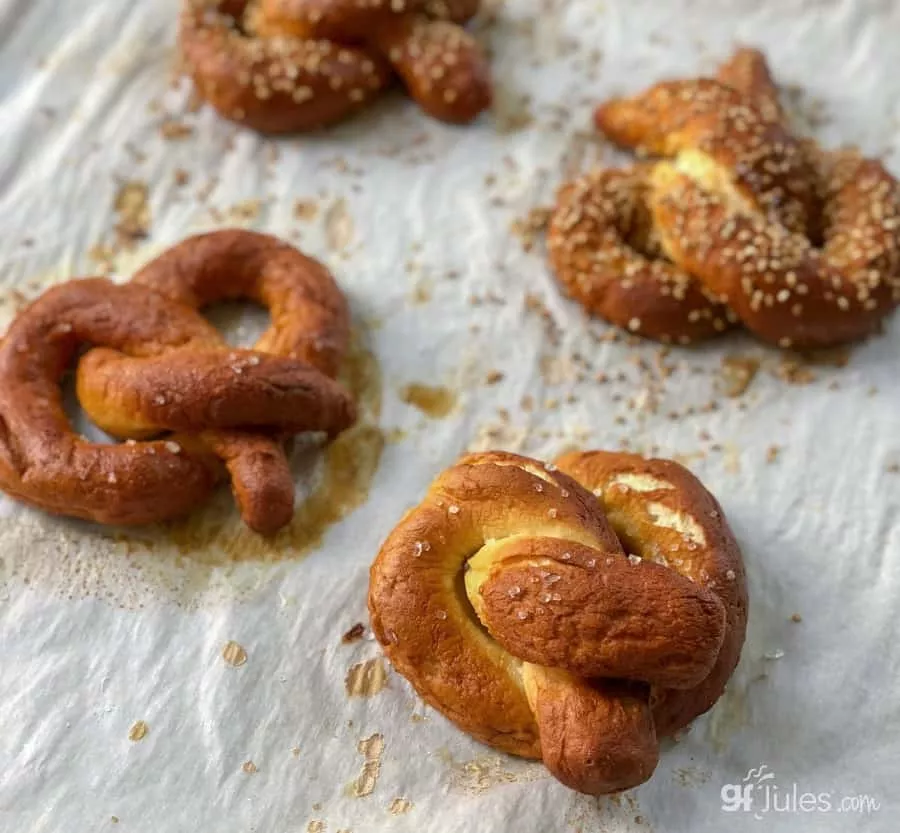 gluten free soft pretzels on baking sheet
