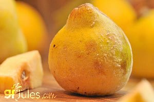 Nearly ripe quince with tinges of immature green and fuzz remaining.