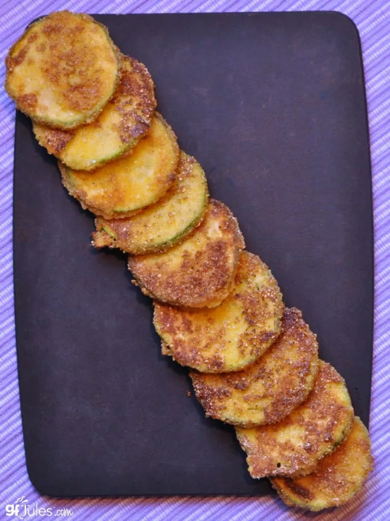 gluten free cornmeal-crusted zucchini in a row