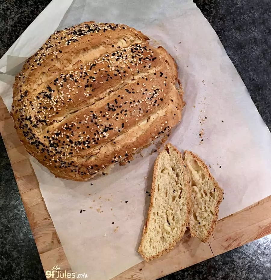 Gluten Free Artisan Bread made with gluten free beer, risen in springform pan and removed from pan to bake on flat baking sheet.