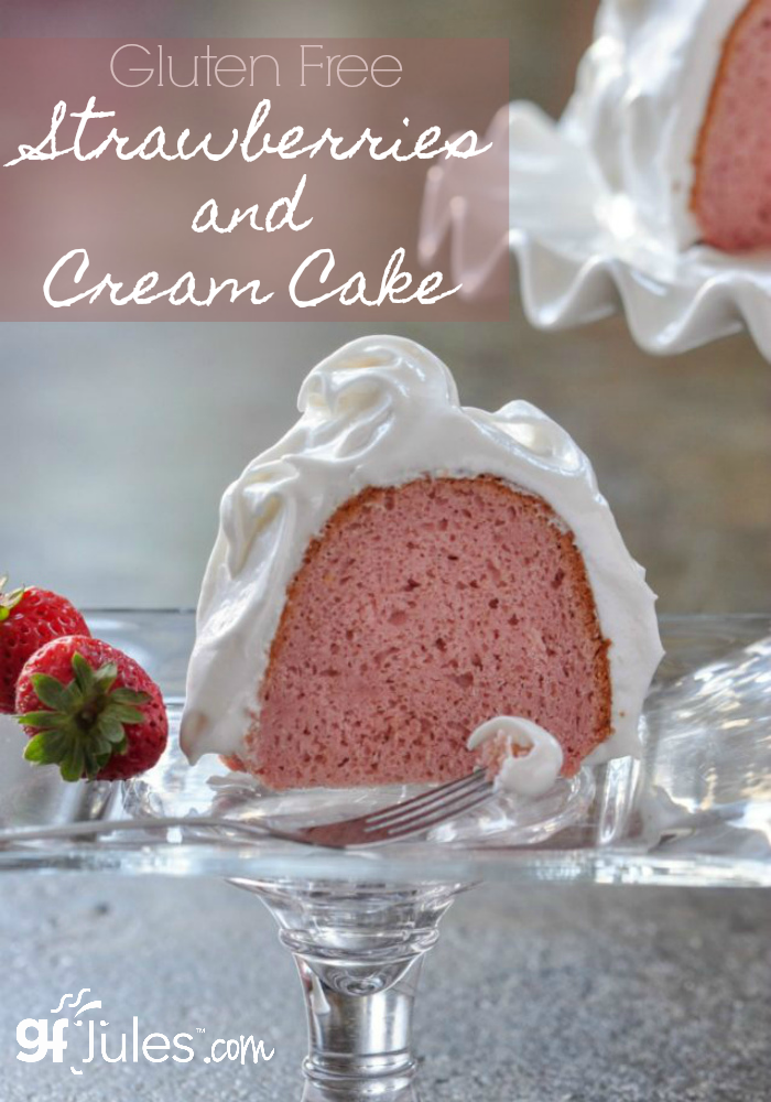 This moist and yummy gluten free strawberries and cream cake is full of perfectly proportioned strawberry flavor and sweetness. gfjules.com 