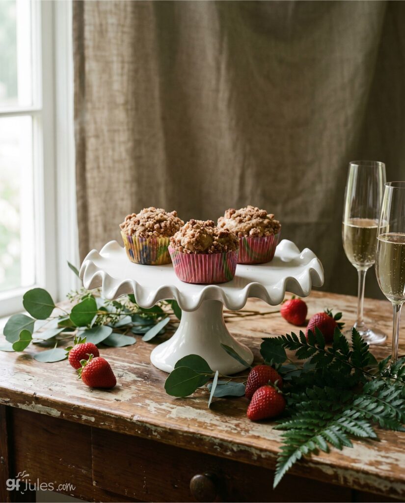 gluten free strawberry rhubarb muffins on pedestal by window with champagne