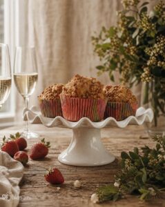 gluten free strawberry rhubarb muffins on pedestal by window