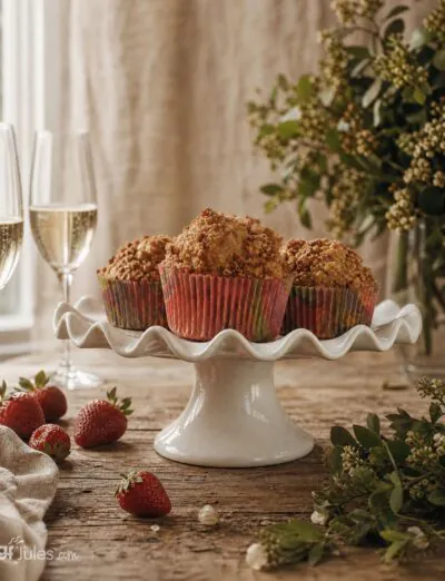 gluten free strawberry rhubarb muffins on pedestal by window