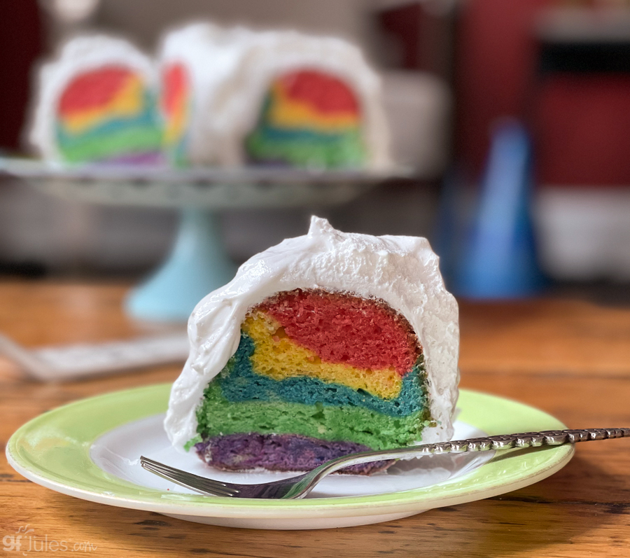 gluten free rainbow cake slice| gfJules