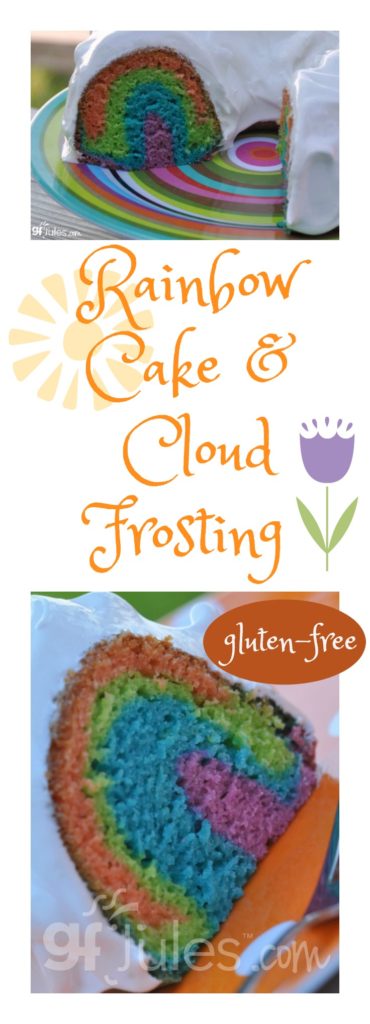 gluten free rainbow cake with fluffy cloud frosting |gfJules.com