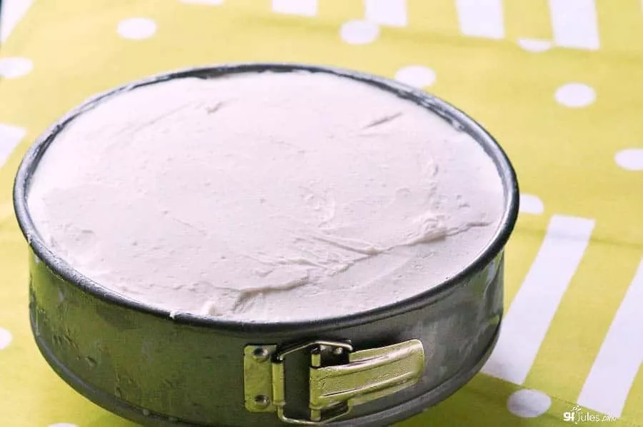 gluten free ice cream cake in pan on polka dots