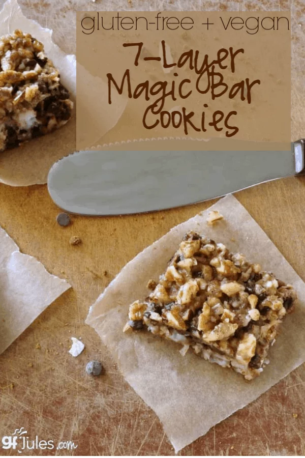 This Gluten Free 7 Layer Magic Bar Cookies (Hello Dollies) recipe is addictively chocolatey, grahamy, coconutty, ooey gooey delicious! Vegan/dairy-free!