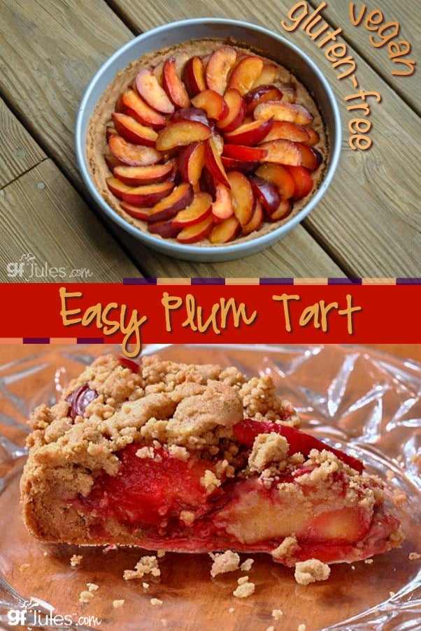 Easy Gluten Free Plum Tart - make with your favorite fresh stone fruits like peaches, plums or nectarines. This easy gluten free, vegan tart takes only minutes to throw together, and tastes so yum! | gfJules
