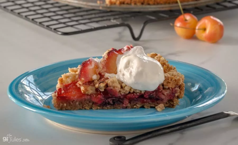 Gluten free plum tart slice close up