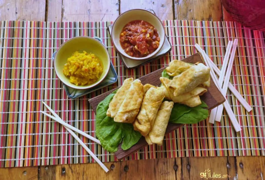 gluten free egg rolls served with slaw and salsa