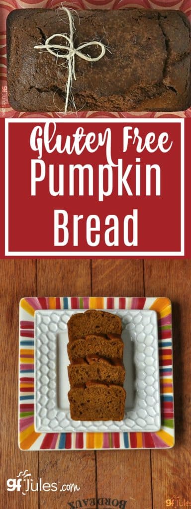 Gluten free pumpkin bread is one of the most delicious harbingers of fall. Healthy pumpkin puree keeps this bread moist and the spices make it oh-so tasty!