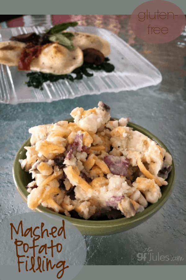 This easy gluten free, dairy free mashed potato filling is delicious on its own or as yummy stuffing to homemade pierogi or ravioli!