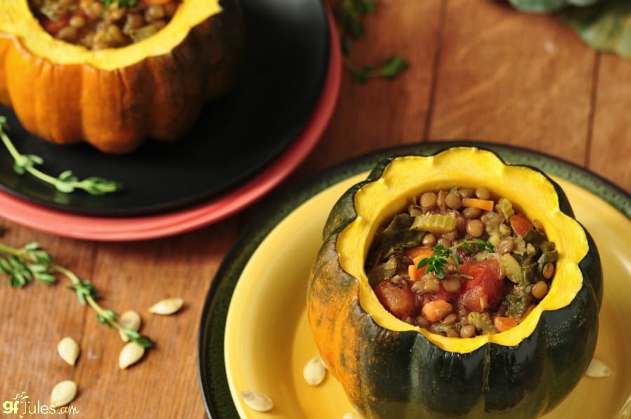 vegetable lentil soup in 2 acorn squash bowls - gfJules